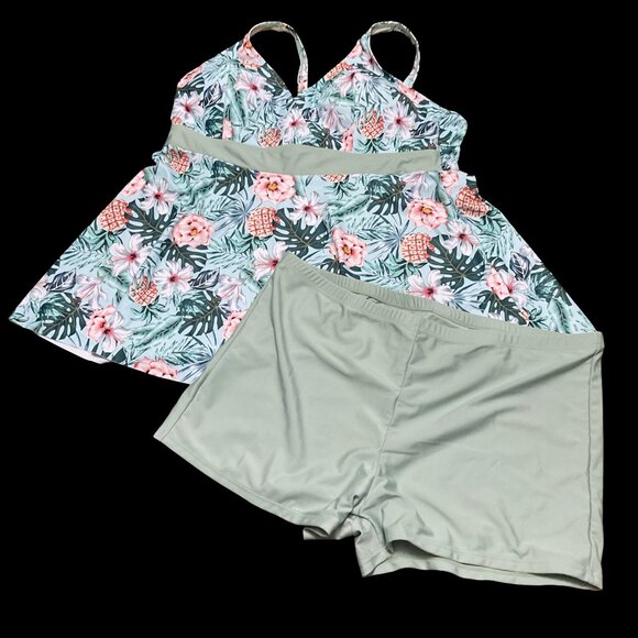 Green Tropical Floral Print Tankini Set - Picture 1 of 2